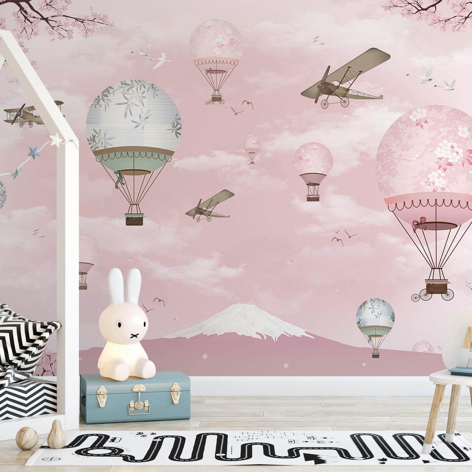 Cherry Blossom with Pink Hot Air Balloon Wallpaper Mural - Peel and Stick