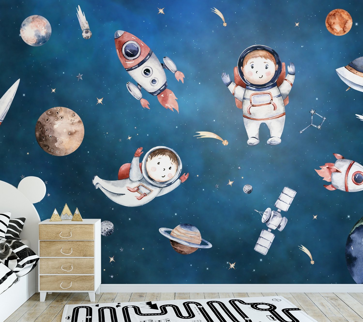 Kids Watercolor Space with Planets Wallpaper Mural - Peel and Stick