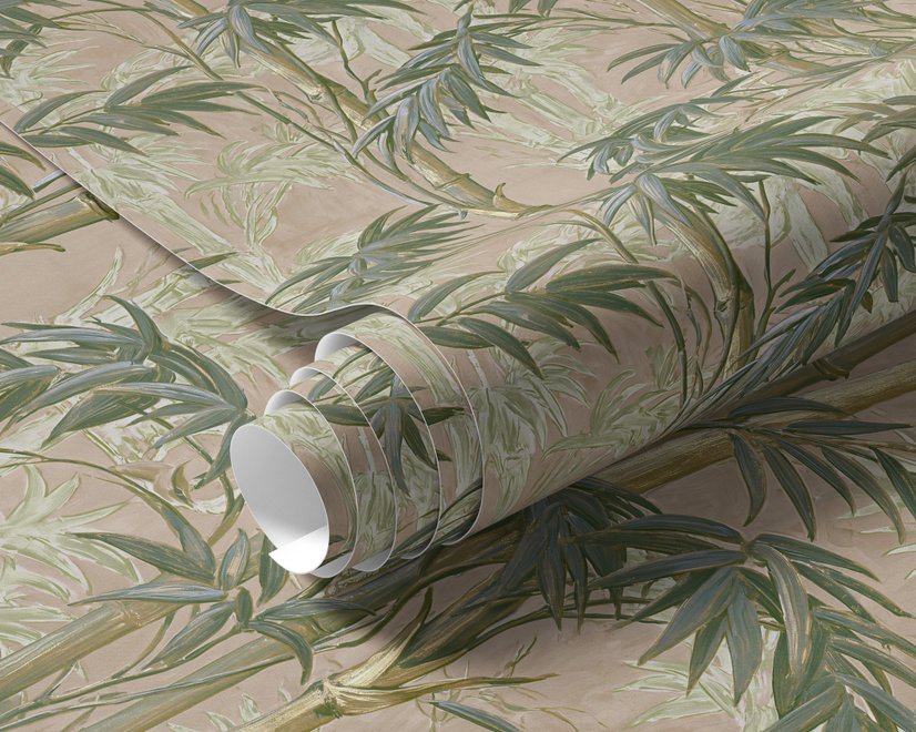Vintage bamboo wallpaper with sage and smoky blue-green leaves on a warm taupe ground