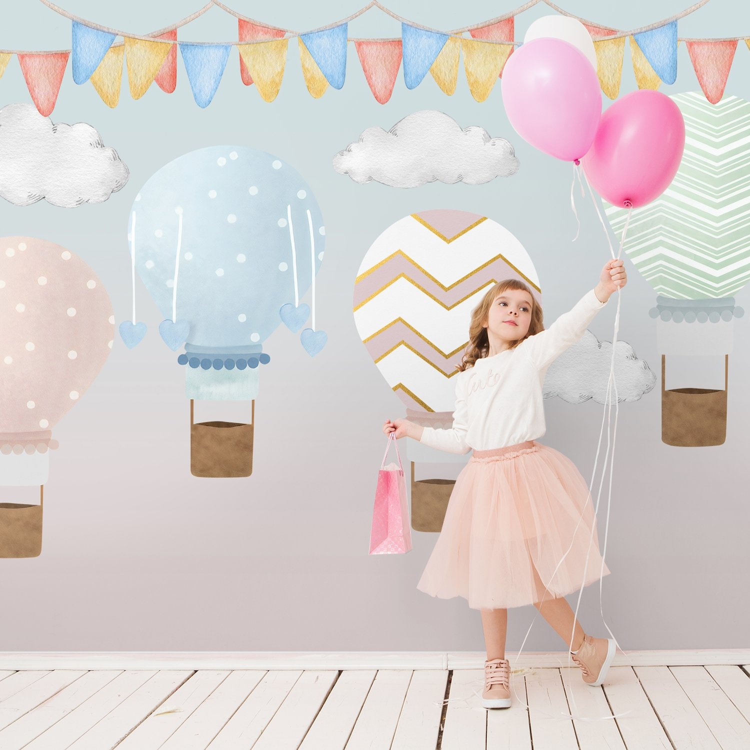 Kids Colorful Hot Air Balloon with Watercolor Flags Wallpaper Mural - Peel and Stick