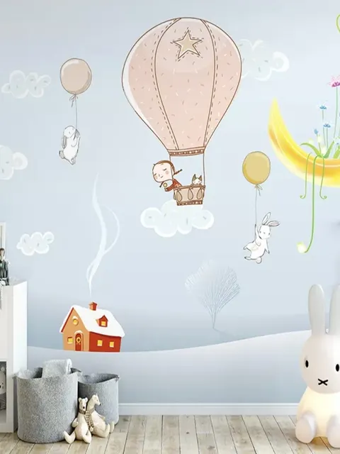 Papier peint panoramique paysage d'hiver et lapins volants dessin animé
