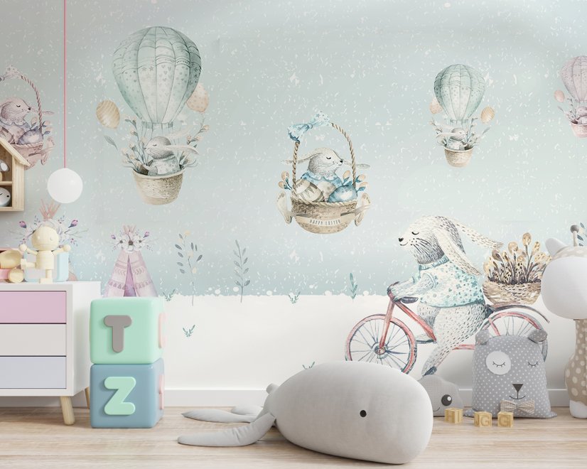 Cartoon Winterscape and Squirrels with Hot Air Balloons Wallpaper Mural