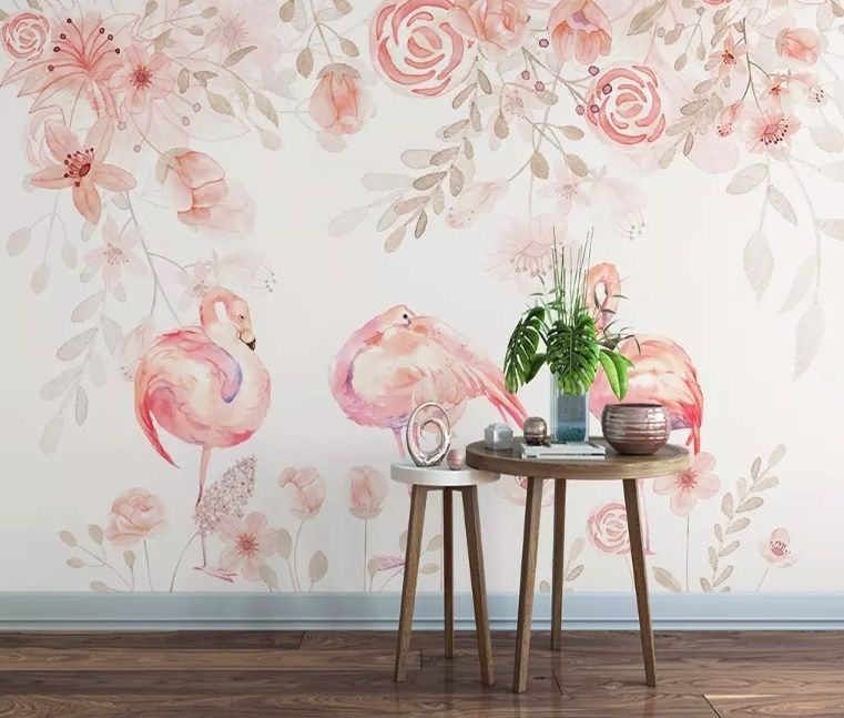 Papier peint panoramique flamants roses et fleurs roses