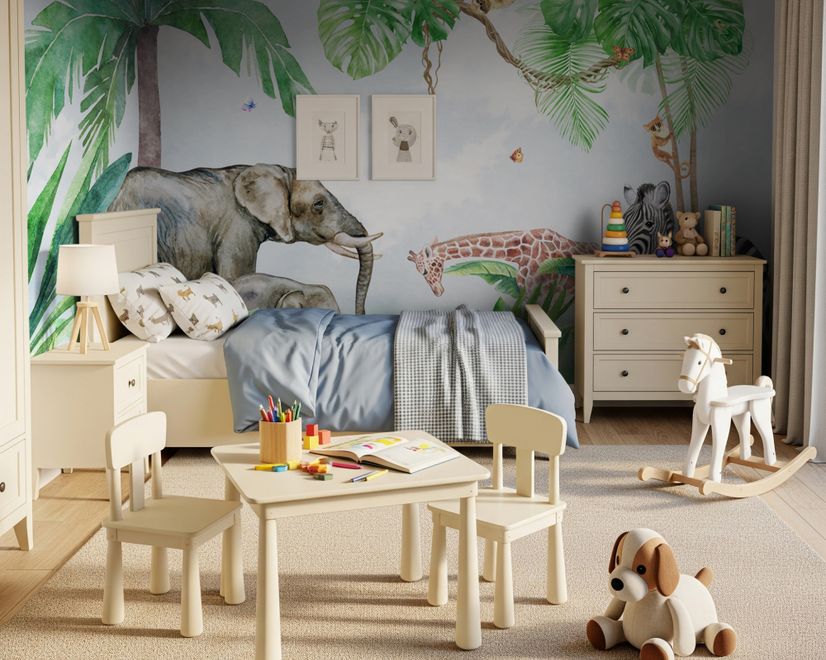 Kids Tropical Forest with Cute Safari Animals Wallpaper Mural