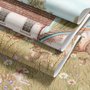 Watercolour rustic farmhouse wallpaper mural with horse, cow, llama, dog, tractor and cottage barns in a wheat meadow