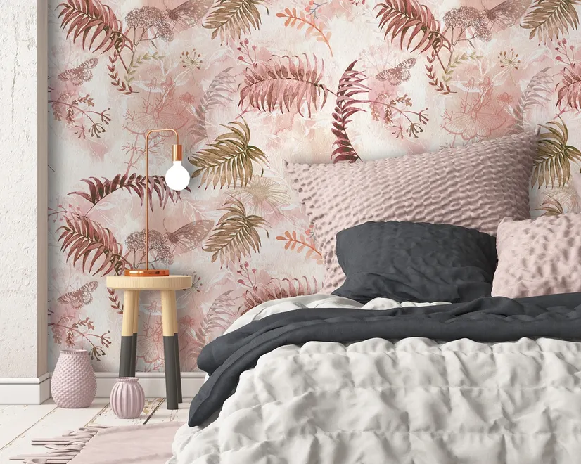 Pink Leaf and Blossom Wallpaper Mural