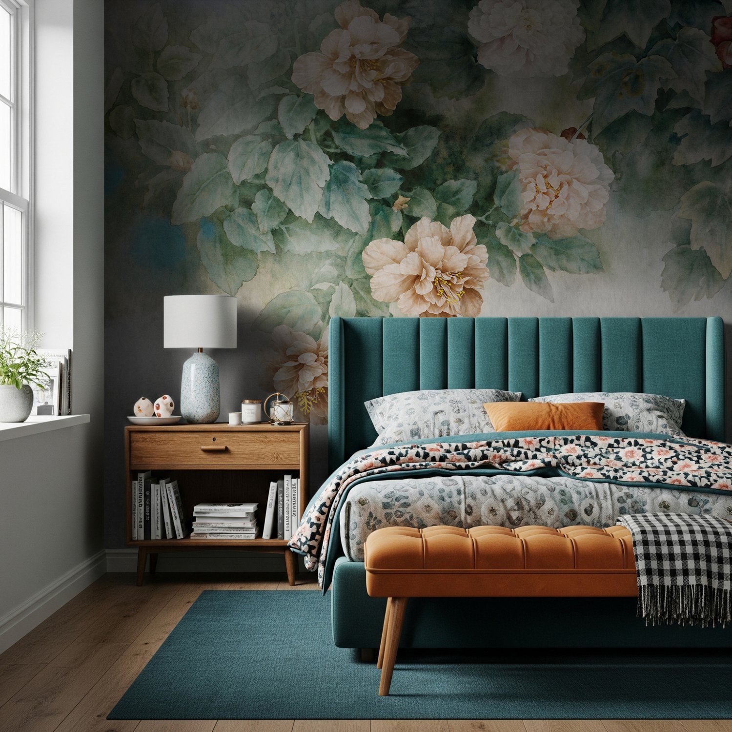Vintage Floral and Green Leaf Wallpaper Mural - Peel and Stick