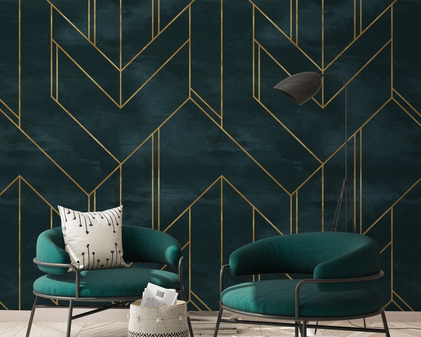 Papier peint panoramique géométrique Art déco avec fausses lignes dorées