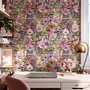 Bold wallpaper for powder room with pop art female faces, pink flowers, black comic panels, mustard, teal and fuchsia details