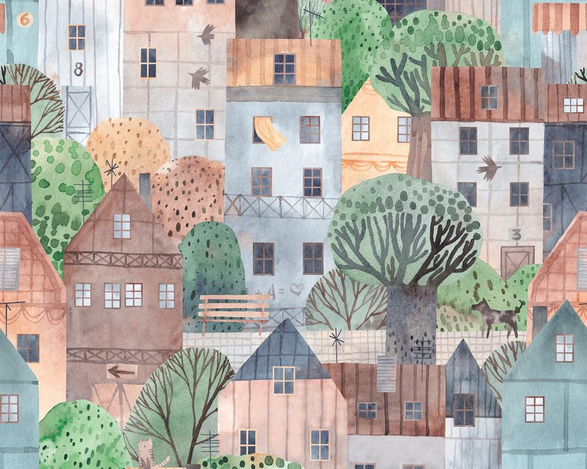 Papier peint aquarelle petite ville maisons enfants