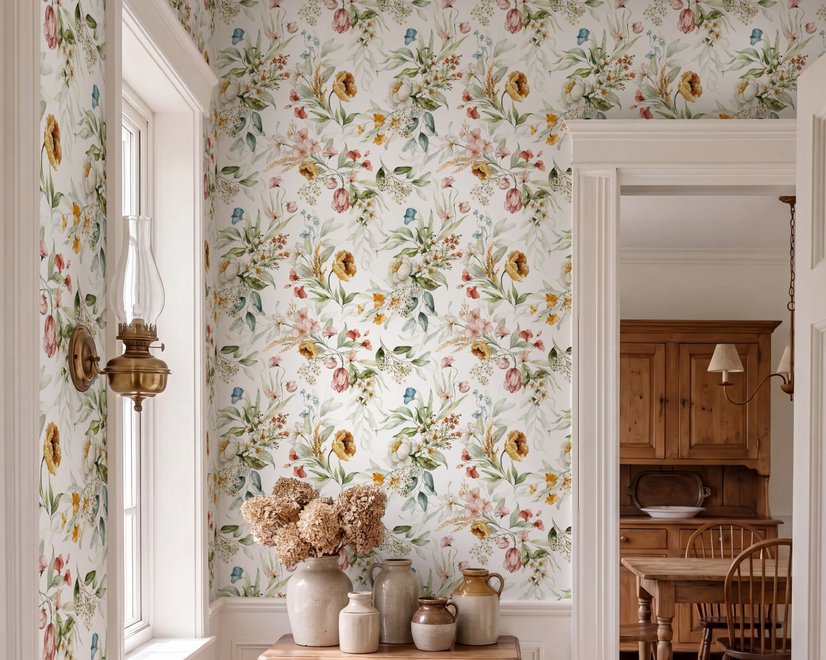 Watercolour floral wallpaper with sage leaves, blush and ochre flowers on a white ground