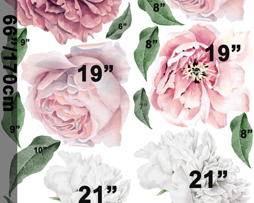 Aquarell Wandtattoo: Rosa und Weiße Pfingstrosenblumenstrauß mit Rosenknospe
