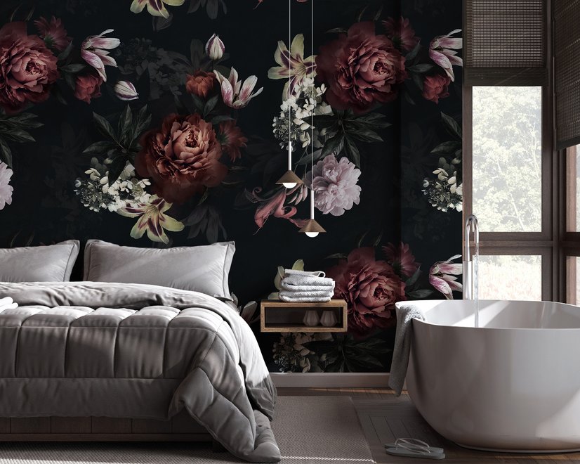 Realistic Dark Peony Floral Bouquet Wallpaper Mural