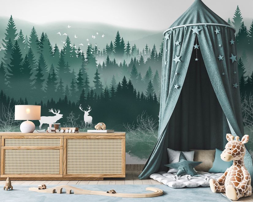 Misty Forest Landscape and Horned Deer Wallpaper Mural