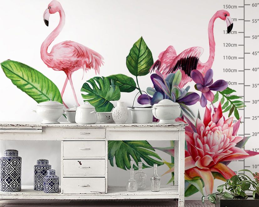 Tropical Protea Floral with Flamingo Wall Decal Sticker