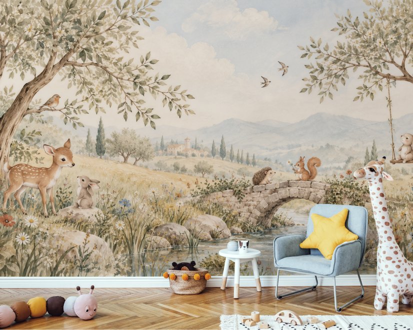 Watercolour woodland wall mural with fawn, rabbits, stone bridge, stream and distant cypress countryside
