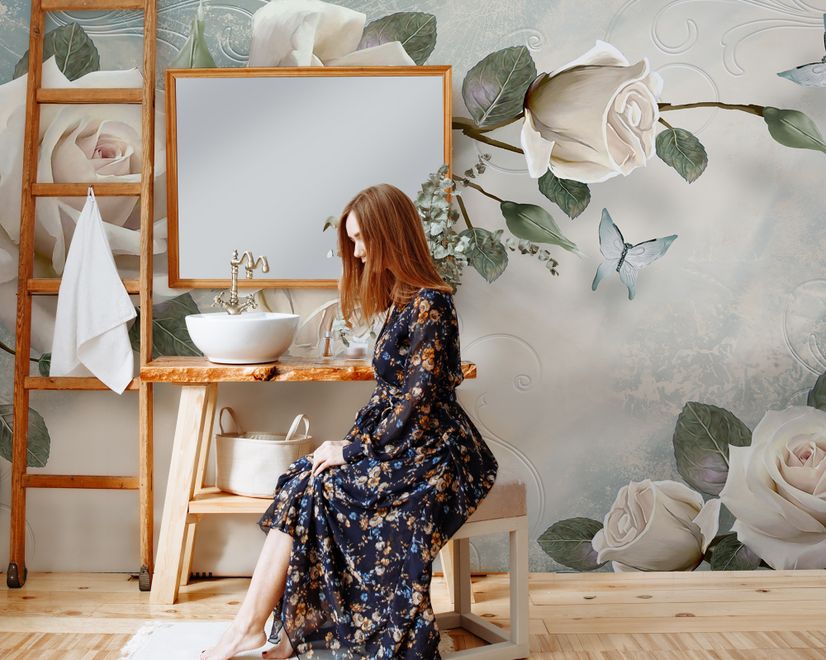 Beautiful White Roses and Butterflies Wallpaper Mural