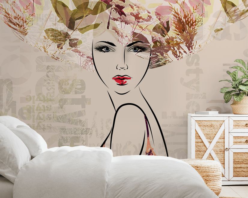 Woman Face Art with Winter Leaf Wallpaper Mural