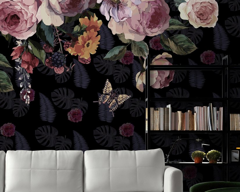 Papier peint panoramique vintage rose foncé fleurs