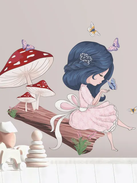 Petite fille mignonne dans la forêt avec papillon coloré Stickers muraux