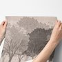 Misty forest nature wallpaper mural in greige, taupe and charcoal watercolour with birds