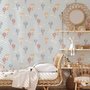 Hot air balloon wallpaper with watercolor balloons, ivory clouds and peach gold stars on pale powder blue