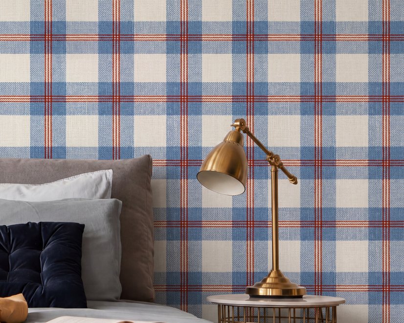 Blue and red plaid wallpaper with denim blue, cream and sky blue woven checks and fine red stripes