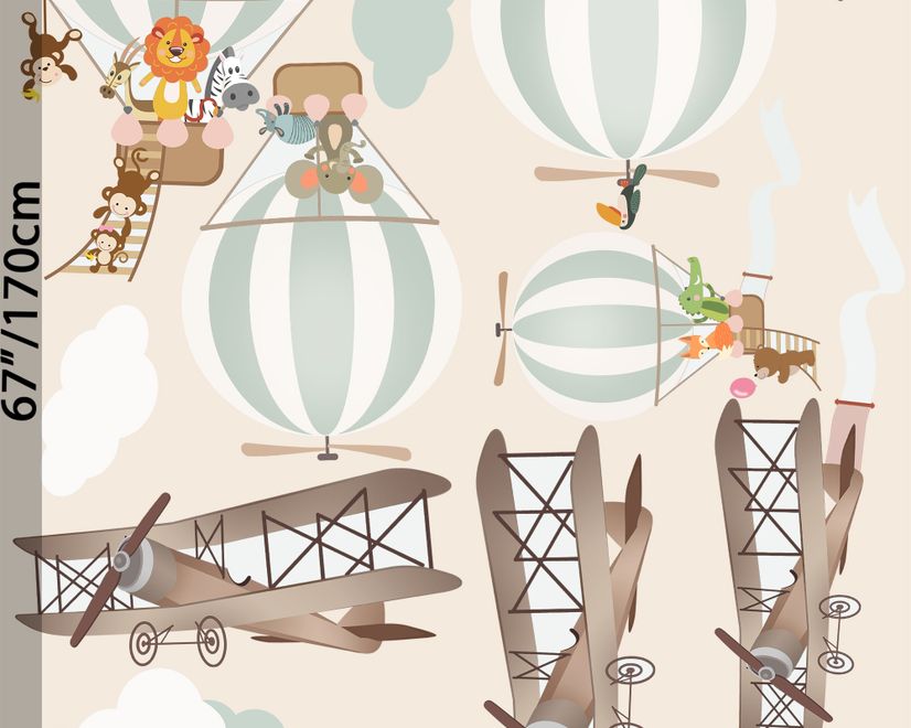Kids Green Hot Air Balloon and Brown Aircraft with Clouds Wall Decal Sticker