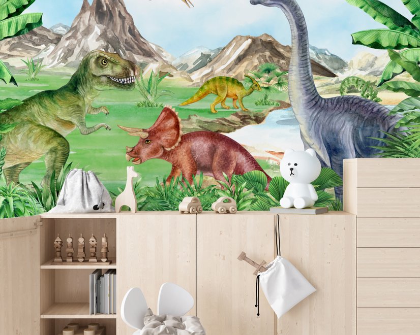 Fototapete für Kinder mit prähistorischen Dinosauriern