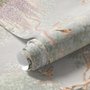 Watercolour nature wallpaper with lilac wisteria, pale trees, sage foliage and small songbirds around a misty clearing