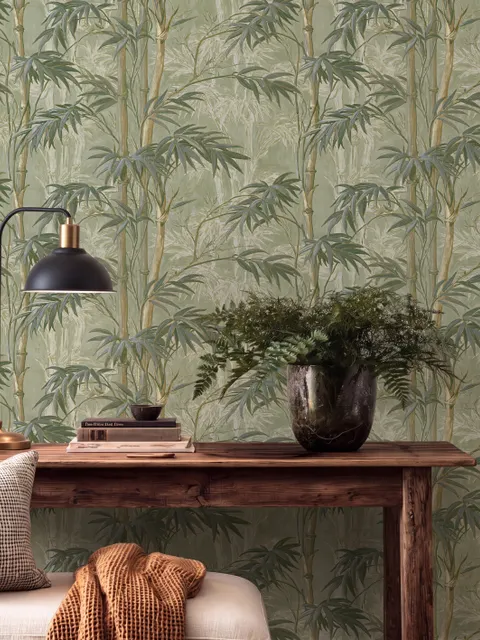 Light green and blue wallpaper with painted sage bamboo canes, olive leaves and pale celadon foliage ground
