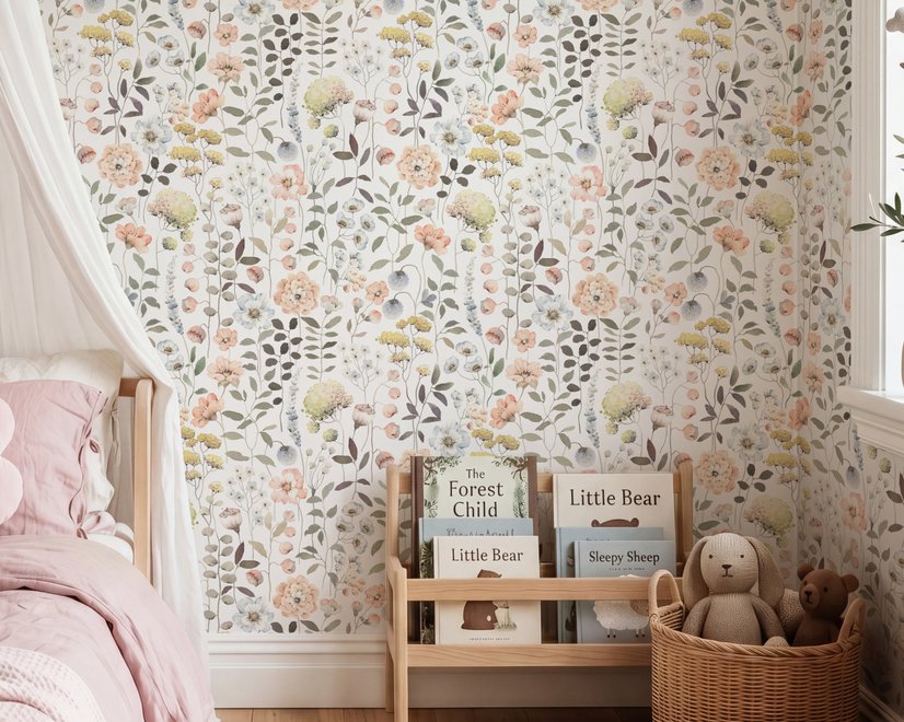 Watercolour wildflower wallpaper with pastel flowers and sage leaves on a white ground