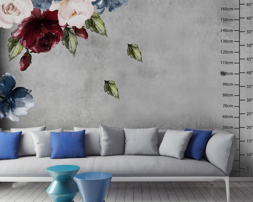 Dark Blue Red Peony Floral Bouqet Wall Decal Sticker