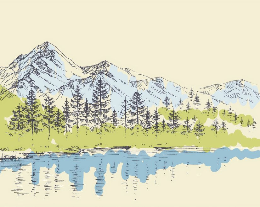 Papier peint panoramique paysage montagneux au charbon avec lac et pins