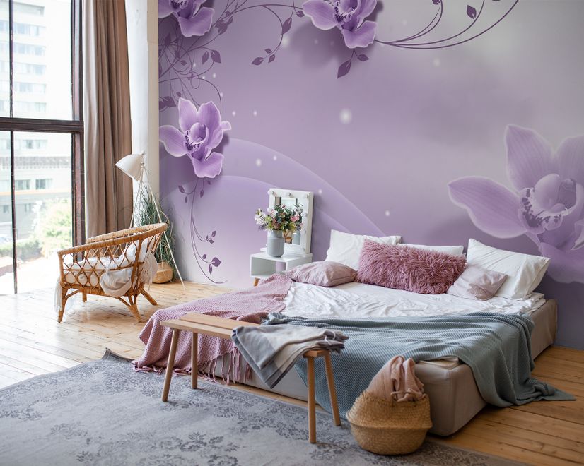 3D Look Purple Flowers Wallpaper Mural