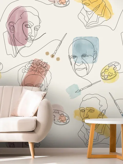 Artist Face Line Art with Colorful Abstract Brush Wallpaper Mural