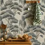 Vintage Japanese tree nature wallpaper with blue-grey canopies, willow foliage, birds and ivory-cream ground