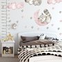 Nursery Cute Raccun and Watercolor Pink Gray Stars Wall Decal Sticker