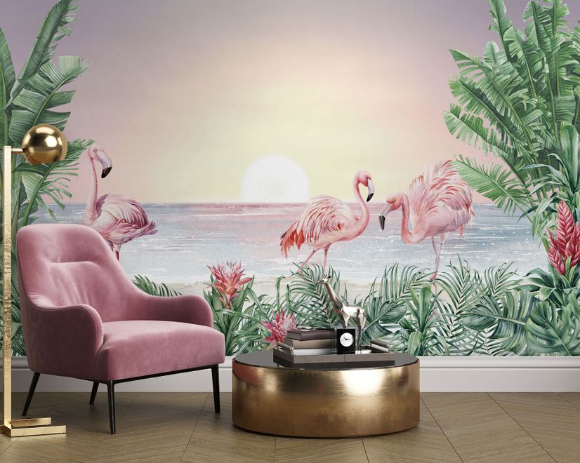Papier peint paysage tropical flamants roses