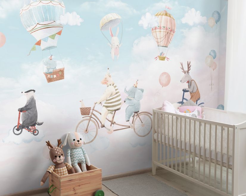 Watercolor Happy Animals in the Sky for Kids Wallpaper Mural