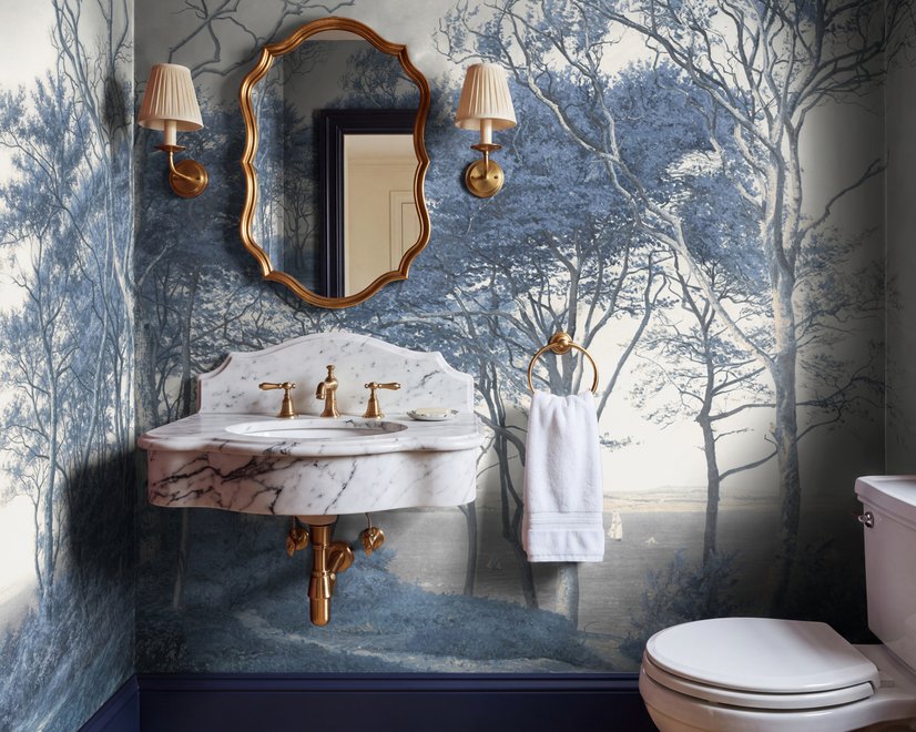 Blue forest background wallpaper mural with coastal trees, sea water and small white sailboats