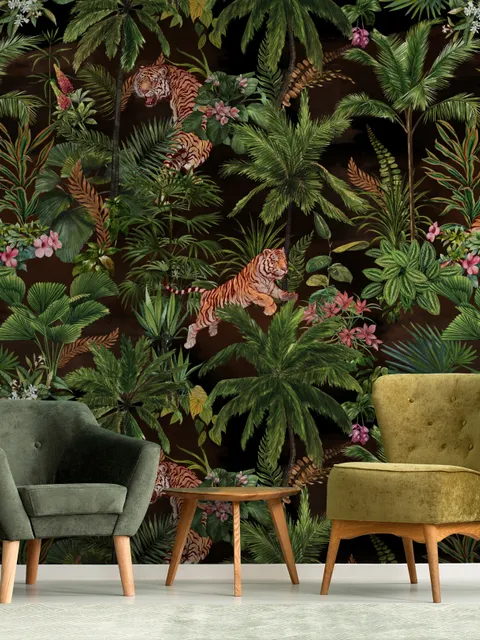 Papier peint arbres tropicaux sombres avec léopards