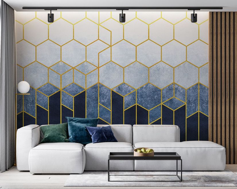 Geometric Dark Blue Honeycomb Wallpaper Mural