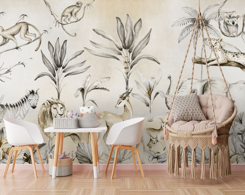 Jungle Animals with Banana Trees Kids Tropical Plants  Wallpaper Mural
