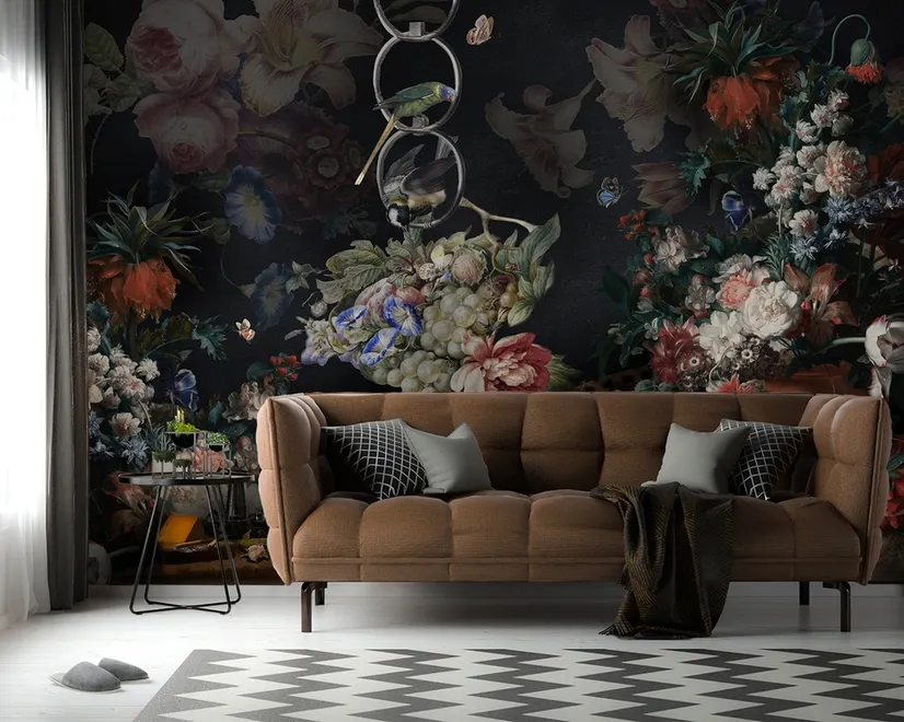 Dark Dutch Floral Bouquet with Birds Wallpaper Mural