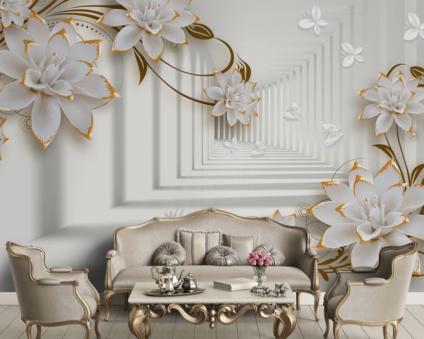 Lily Floral with Abstract Corridor Wallpaper Mural