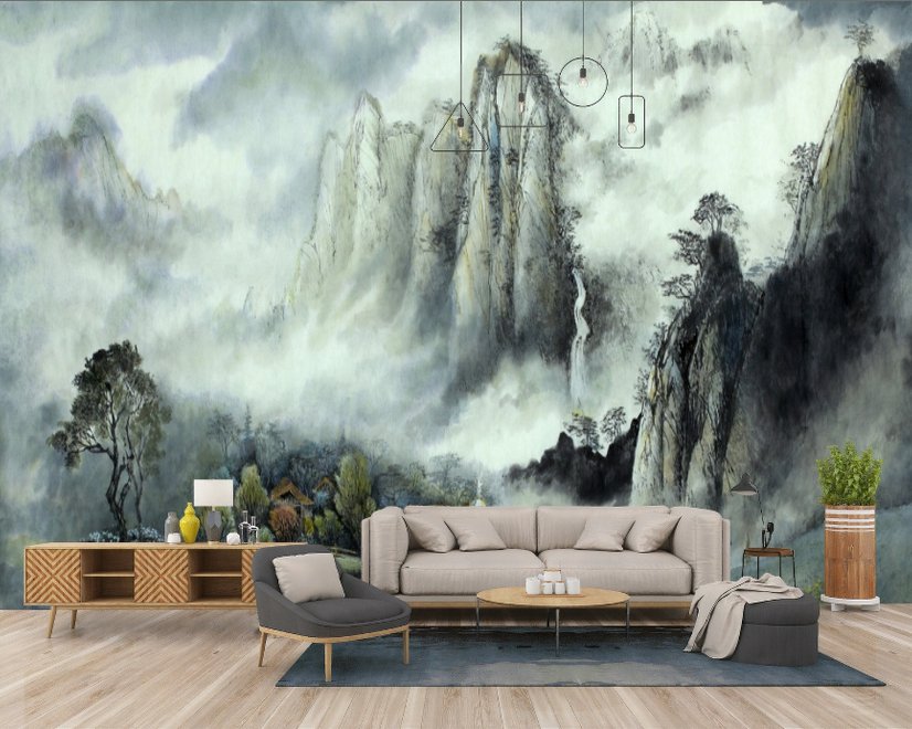 Nebelige Chinesische Berglandschaft und Wasserfälle Fototapete