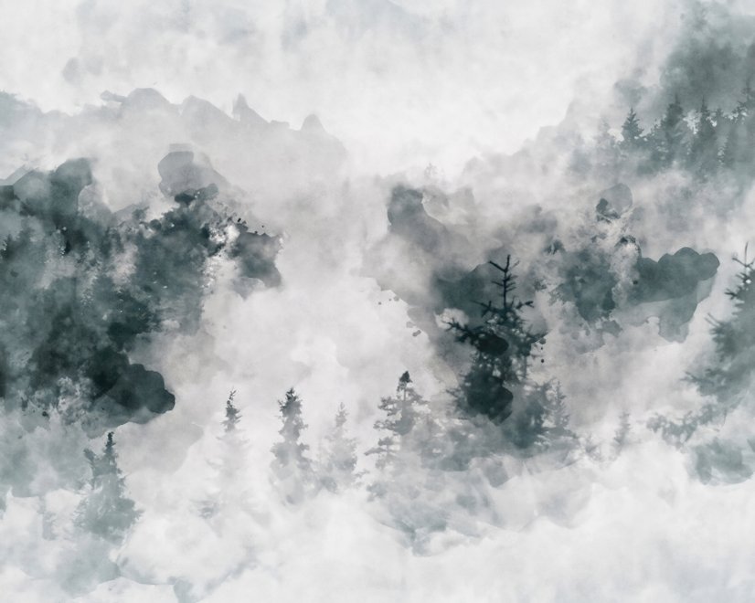 Watercolor Style Abstract Misty Dark Forest Wallpaper Mural