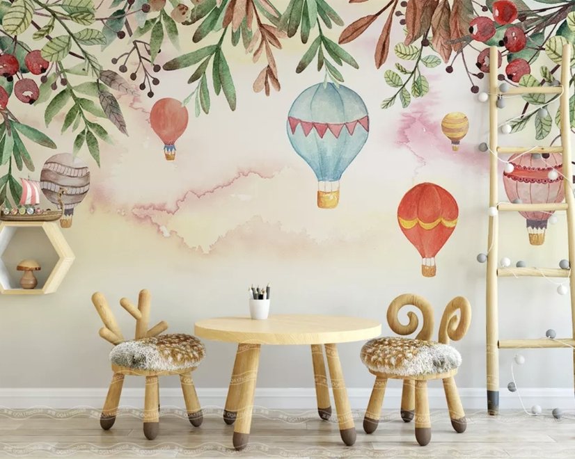Papier peint panoramique pour enfants, montgolfière et brindilles