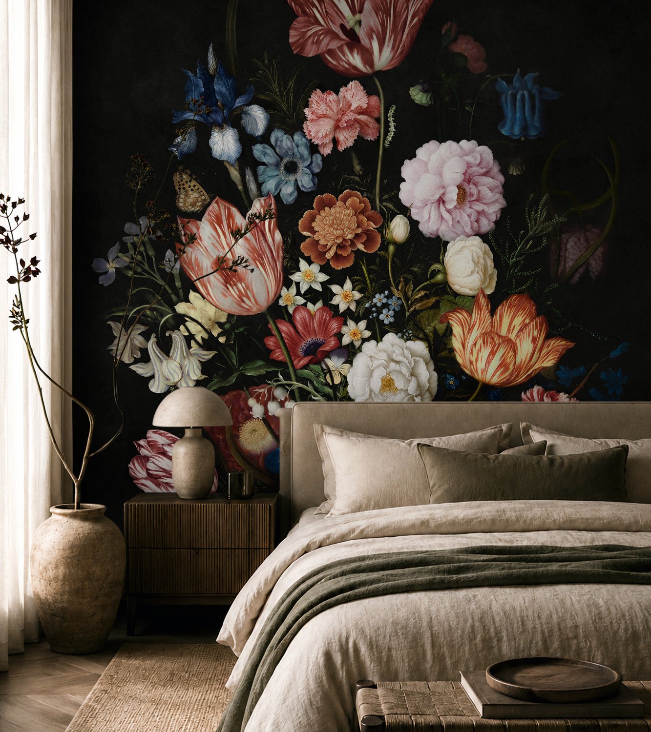 Elegant Dutch Dark Floral Bouquet Wallpaper Mural - Peel and Stick